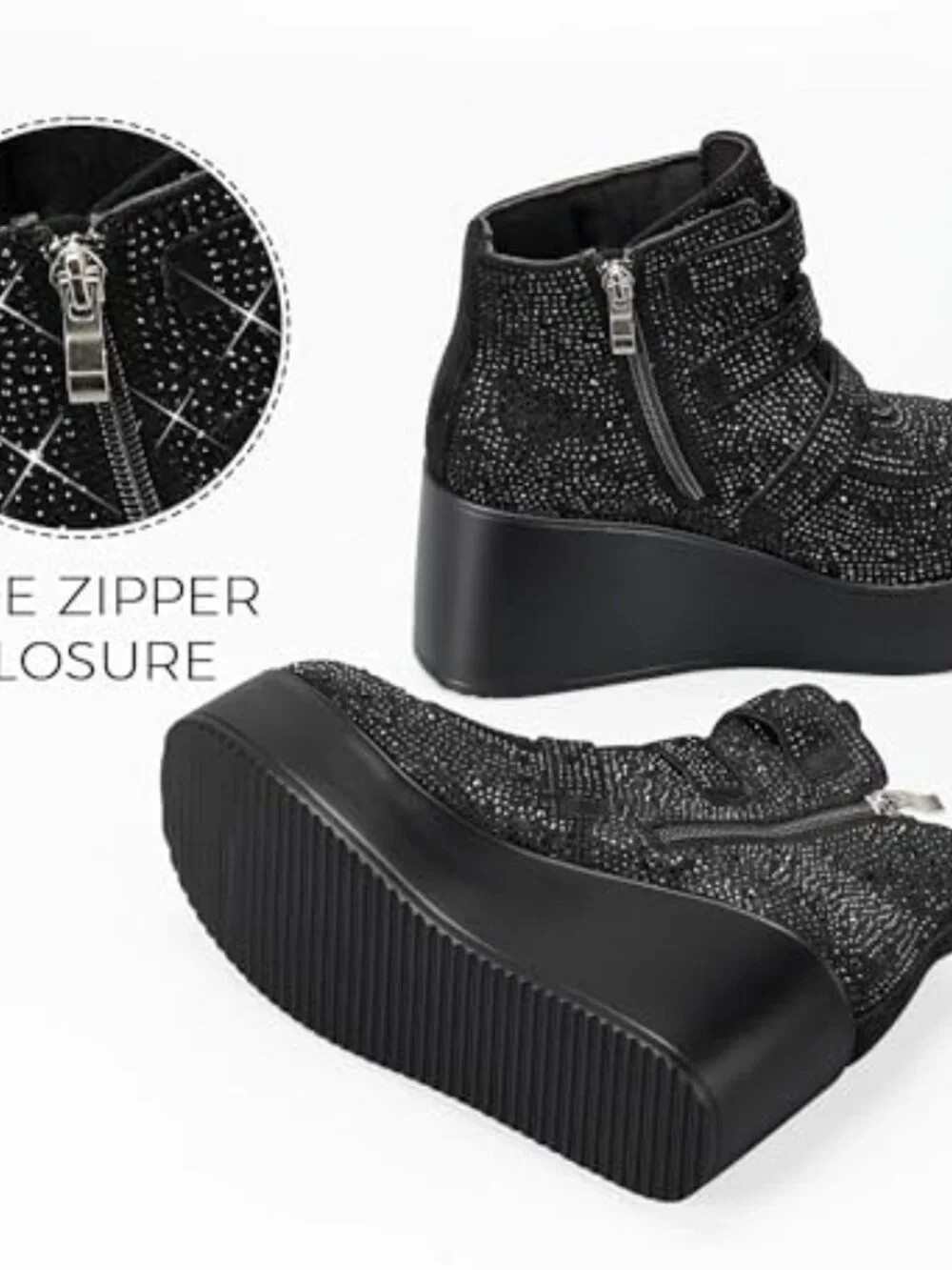 Women Platform Chunky Ankle Boots - Round Toe Zipper Wedges High Heels Buckle